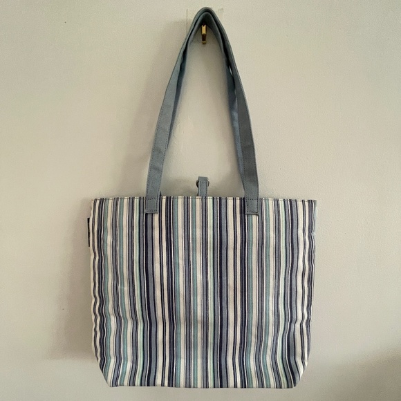 EDDIE BAUER Blue Striped Canvas Women Tote/Hand/Shoulder Bag - NWOT - Picture 1 of 6